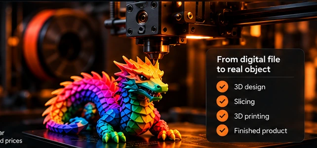 3D printer producing a colorful articulated dragon
